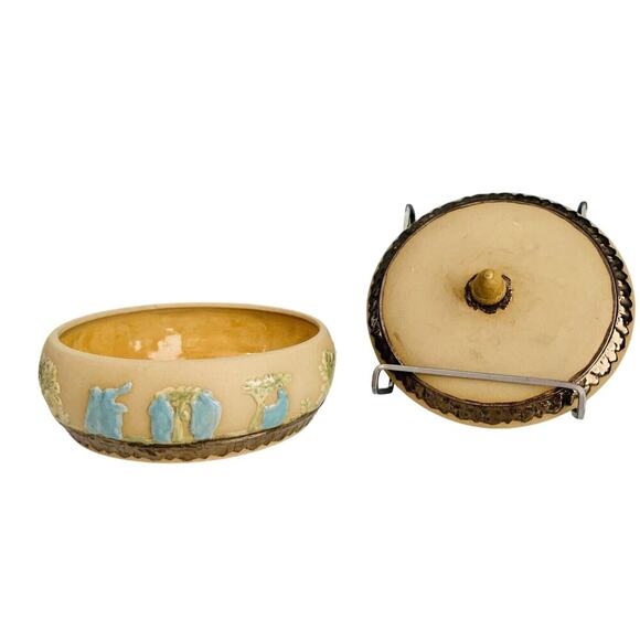 Arnel’s Signed Blue Teal Green Tan Lidded Ceramic Dish Trinket Box Home Decor - Picture 8 of 14